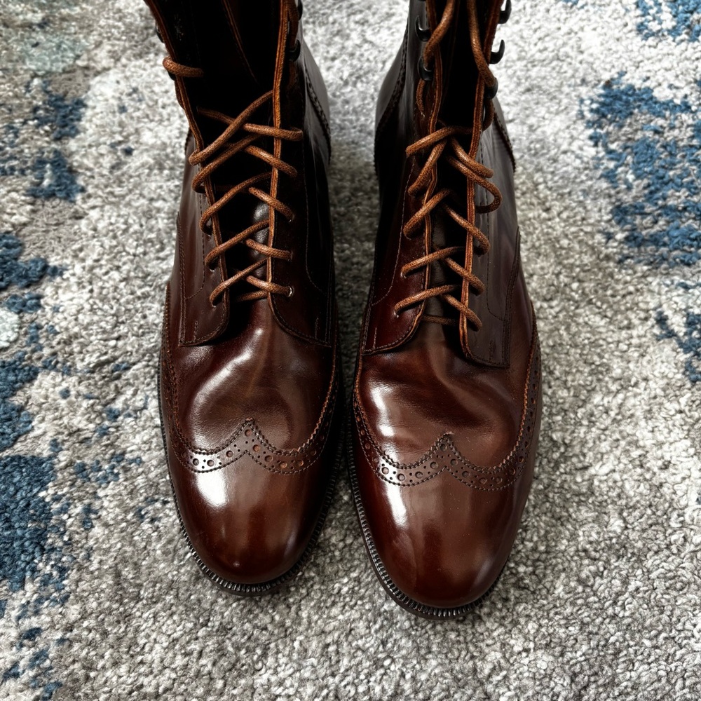 Vintage Ralph Lauren collection Sz 8.5 Granny Lace Up tan calfskin Ankle Booties - Picture 2 of 8